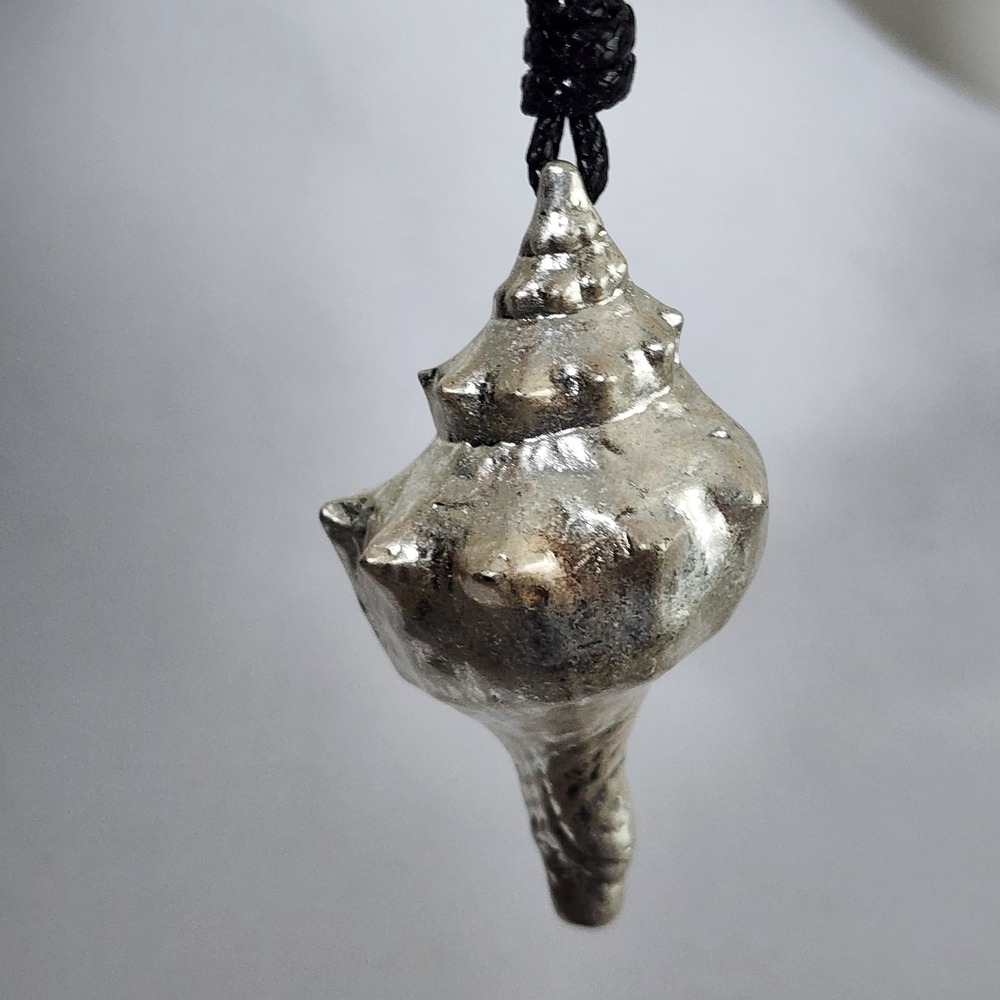 Conch Shell Pendant Necklace Silver Black Cord Beach Nautical Coastal Metal